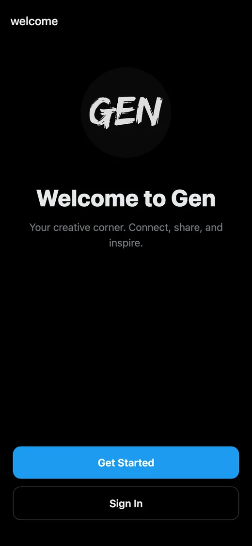 Social app prototype screens: welcome, feed and messages