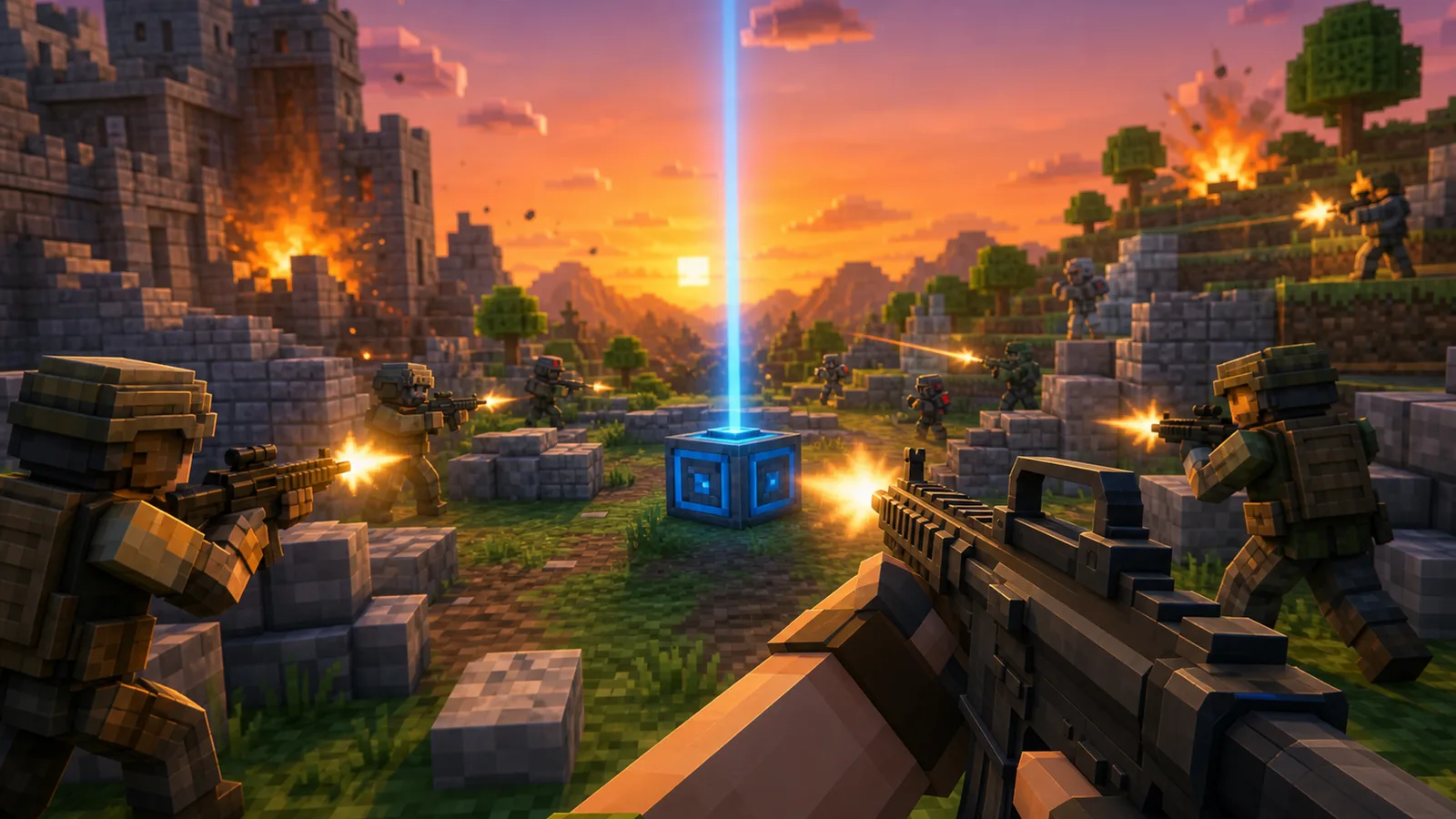 Soldiers fighting around a glowing objective at sunset