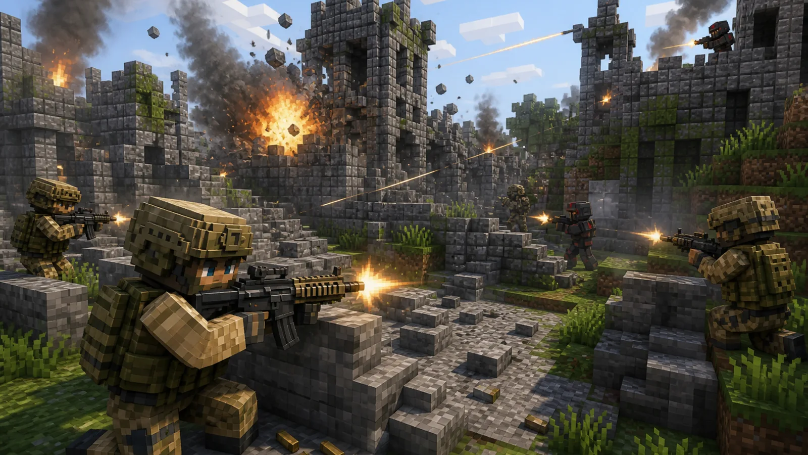 A firefight in a ruined block castle
