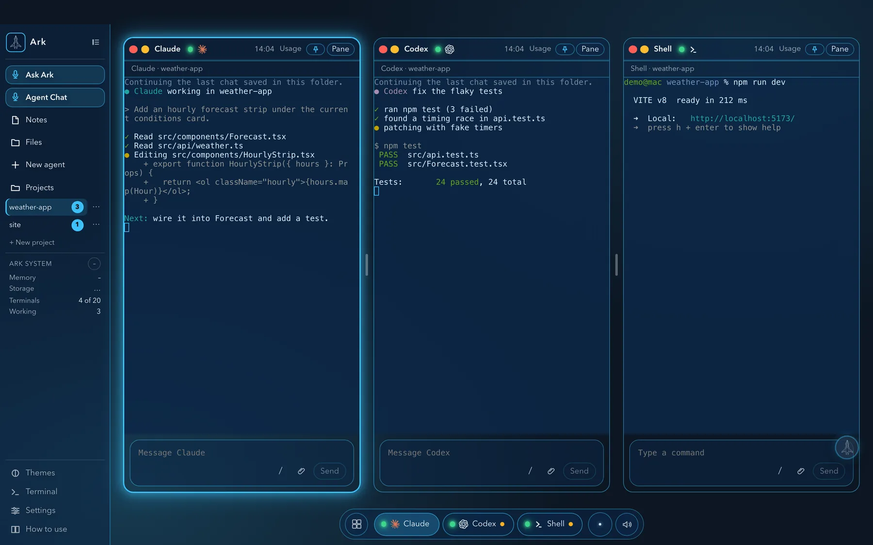 Ark with three agent panes side by side: Claude, Codex and a shell