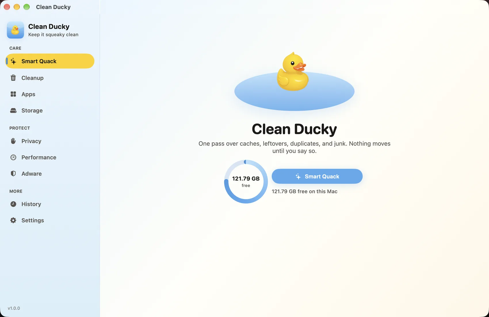 Clean Ducky home screen with the Smart Quack button