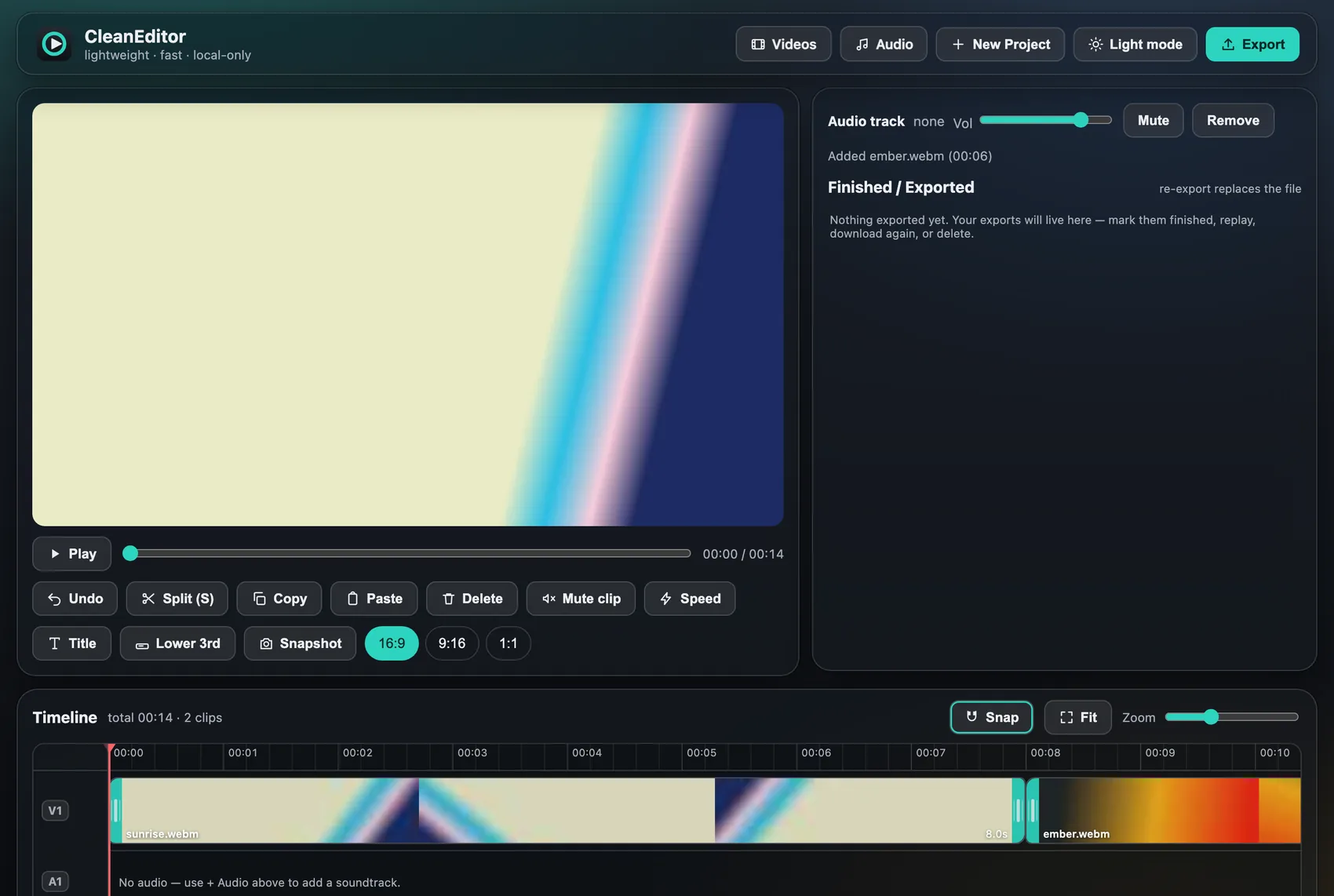 Clean Editor in dark mode with two clips on the timeline