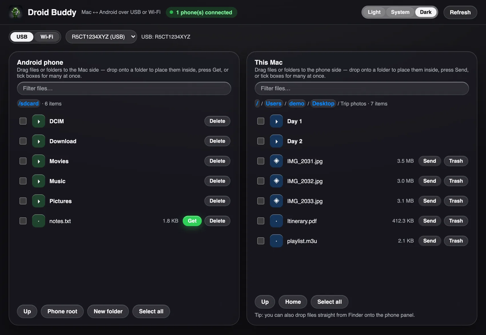 Droid Buddy in dark mode with a phone connected