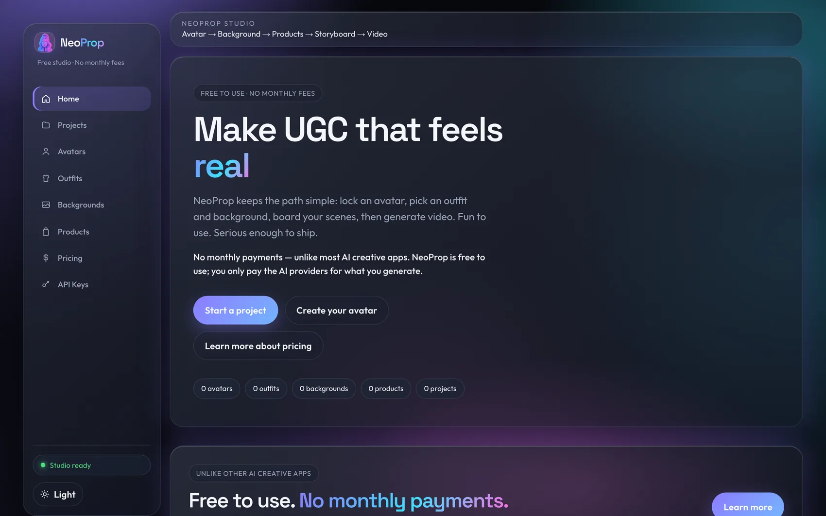 NeoProp home screen in dark mode
