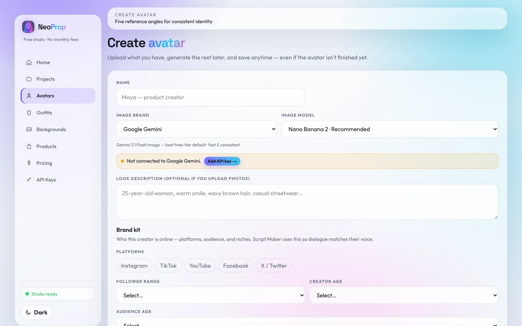 NeoProp's create-avatar screen