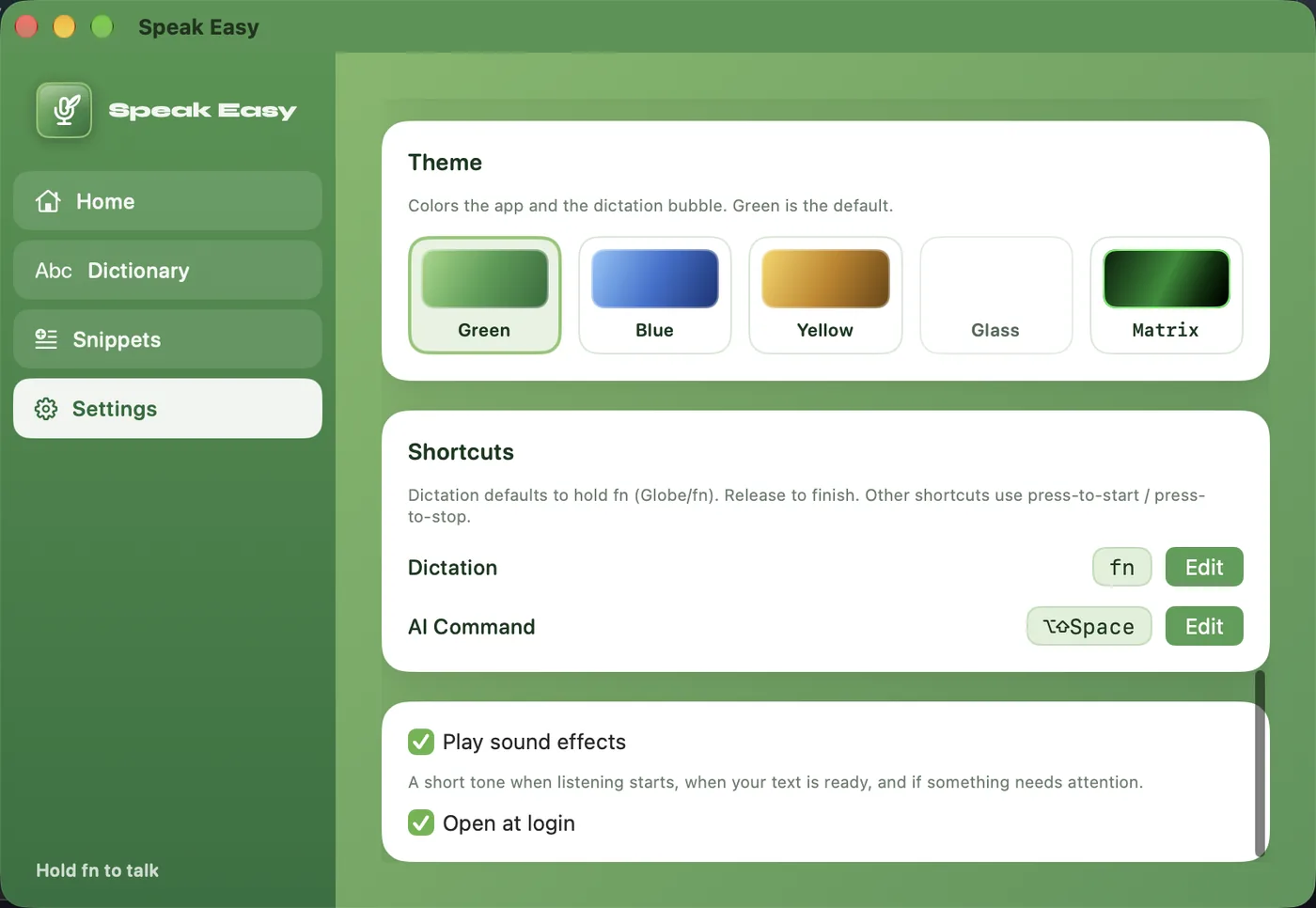SpeakEasy settings showing the theme and shortcuts